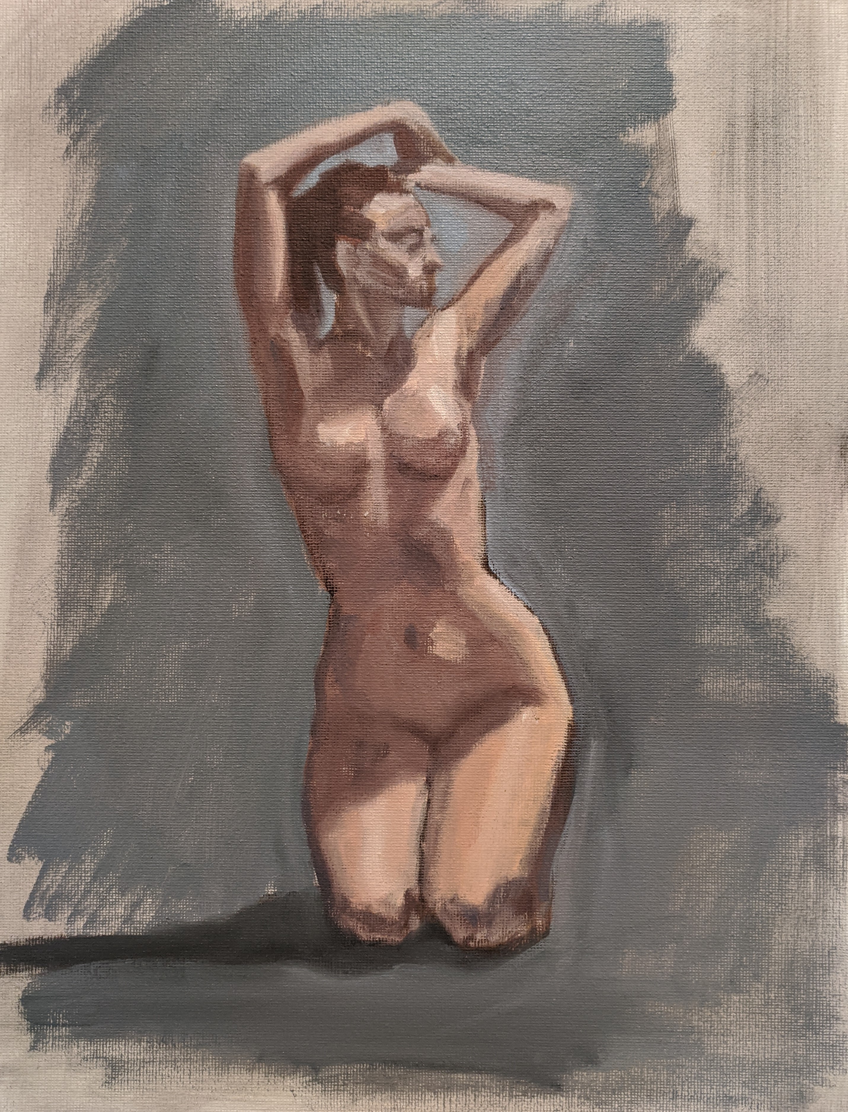 Oil painting study of a woman on her knees, facing the viewer with her arms up above her head. The figure is in full color with a blue background.