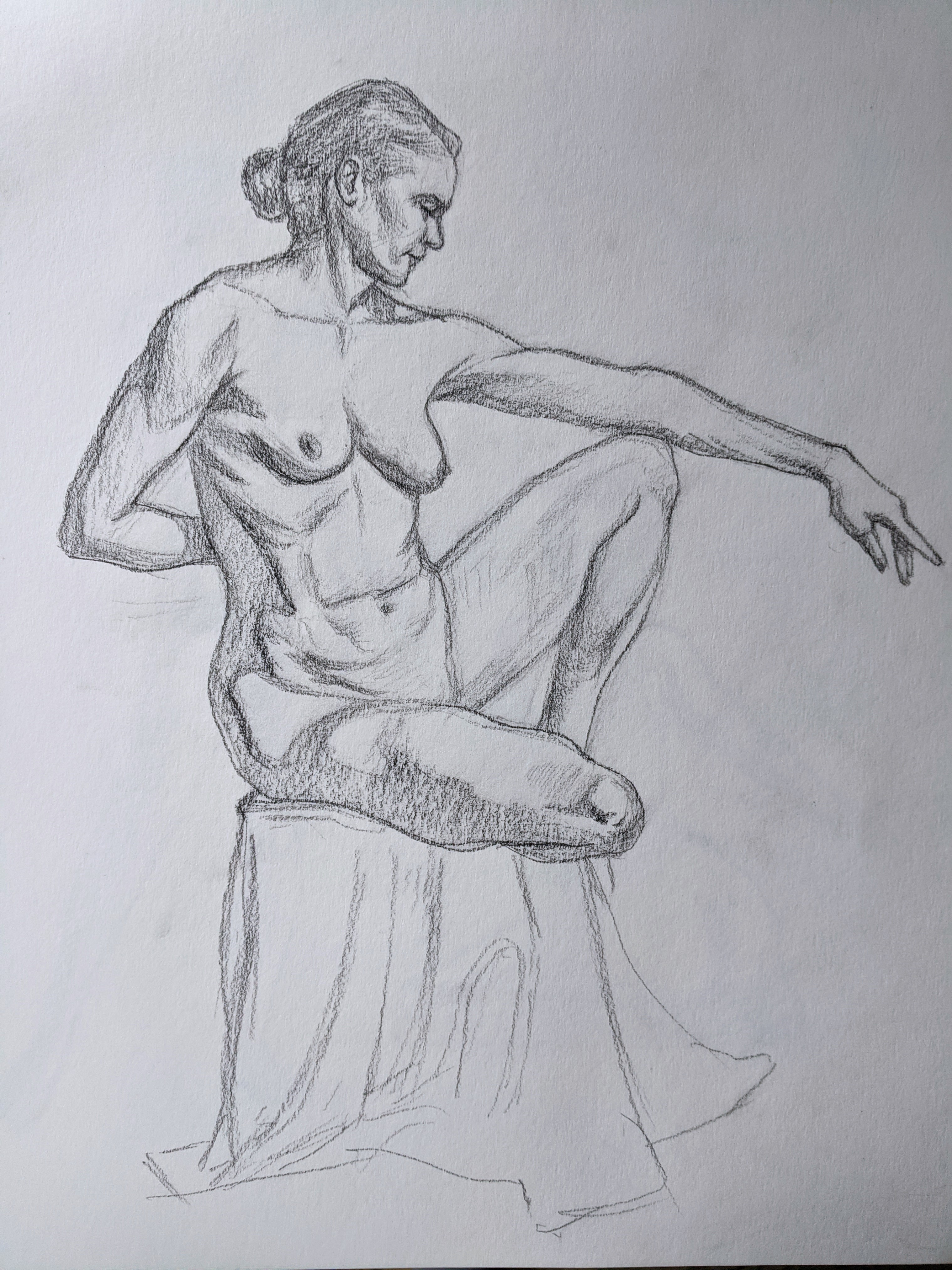 Graphite figure study of a seated woman with one knee raised